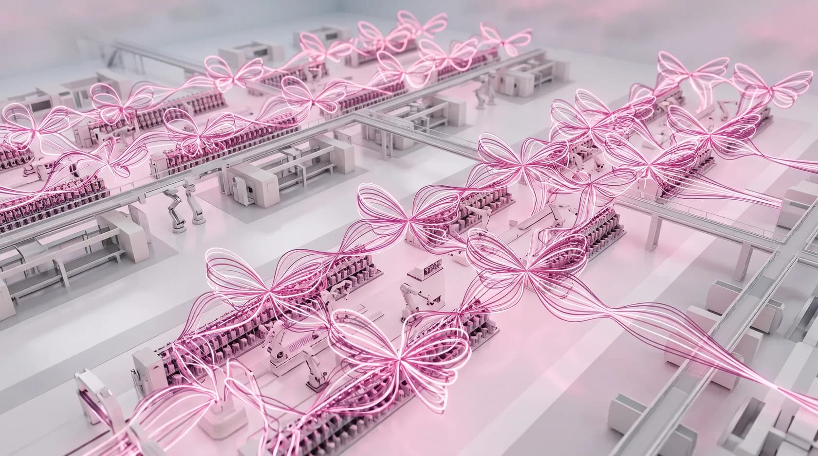 Abstract render of luminous pink and plum energy threads weaving into butterfly-wing shapes across a bright factory floor