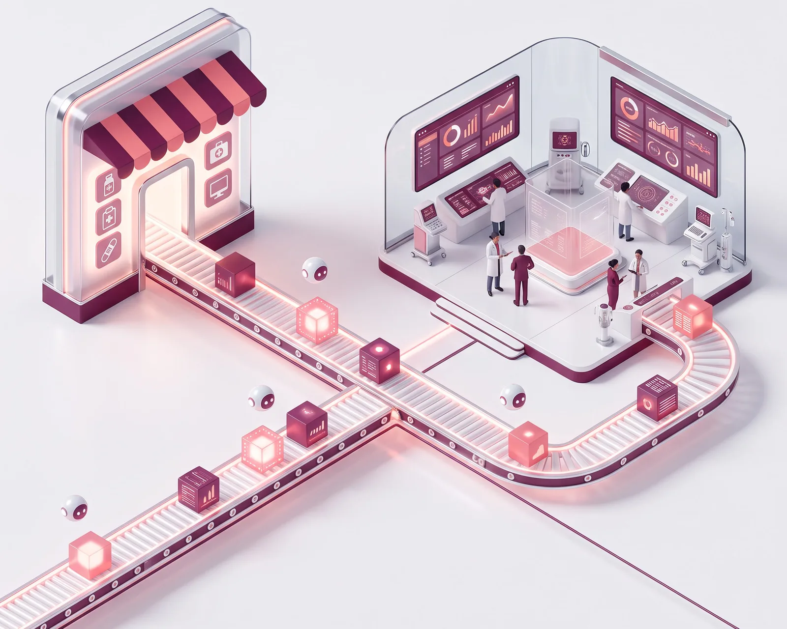 Isometric illustration of a marketplace portal streaming data and AI agents along a single pipeline into an enterprise command center